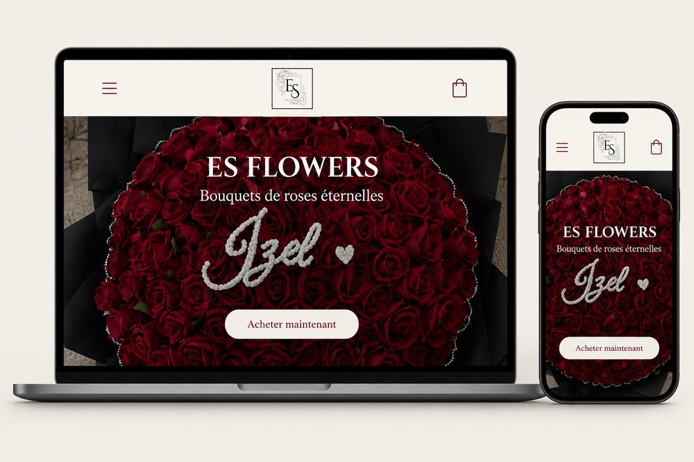 Aperçu du site e-commerce ES Flowers sur ordinateur et mobile, réalisé par EFA Media - boutique de roses éternelles