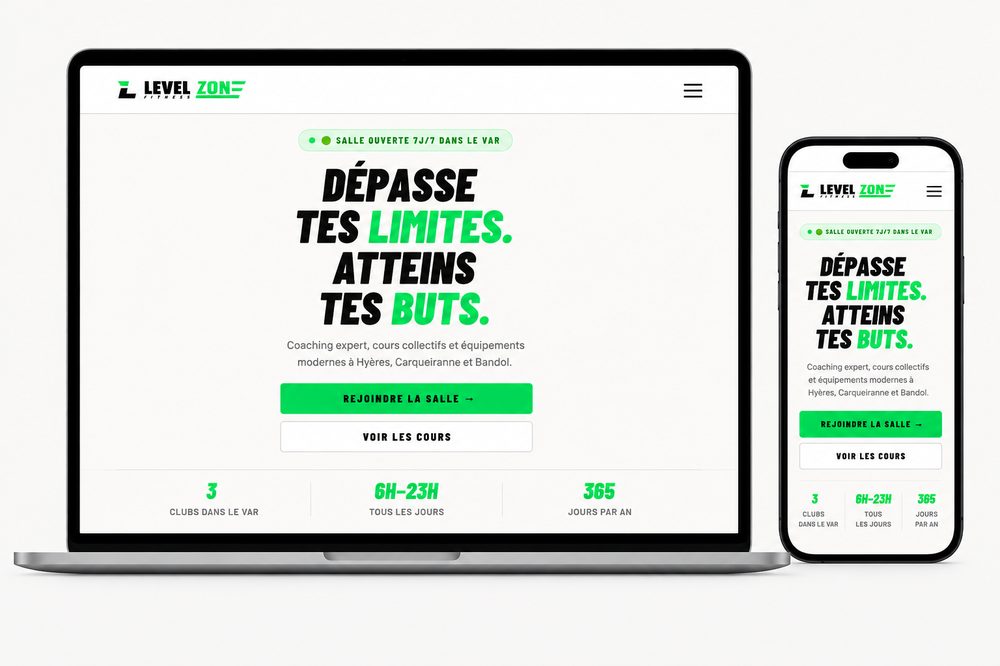 Aperçu du site vitrine Level Zone Fitness sur ordinateur et mobile, réalisé par EFA Media - salle de sport dans le Var